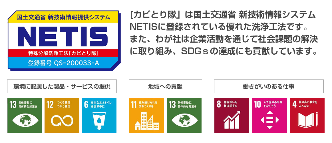 NETIS登録の洗浄工法とSDGｓの思想に則ったサービスの提供で、気になるカビを根こそぎ除菌＆分解