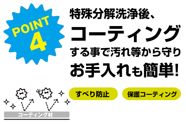 特殊分解洗浄後、コーティングする事で汚れ等から守り、お手入れも簡単！